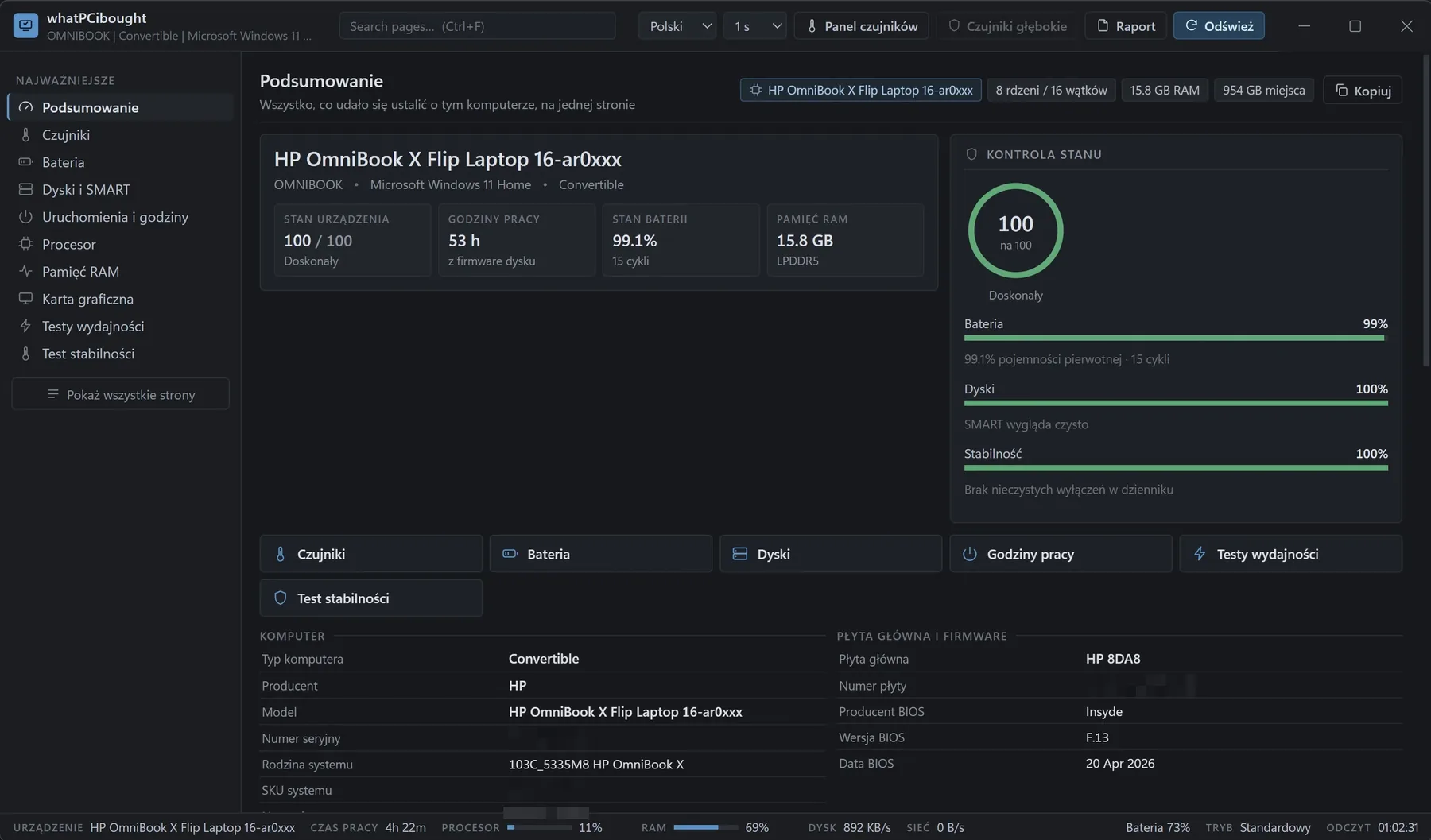 Screenshot of the whatPCibought application: the Summary page with a 100 out of 100 health score, running hours, battery health, SMART disk results and a list of components.